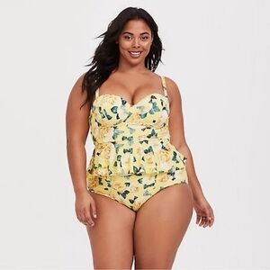 Torrid Peplum Push-Up Midkini Yellow Floral Swim Top Cottagecore Soft 2F Beach